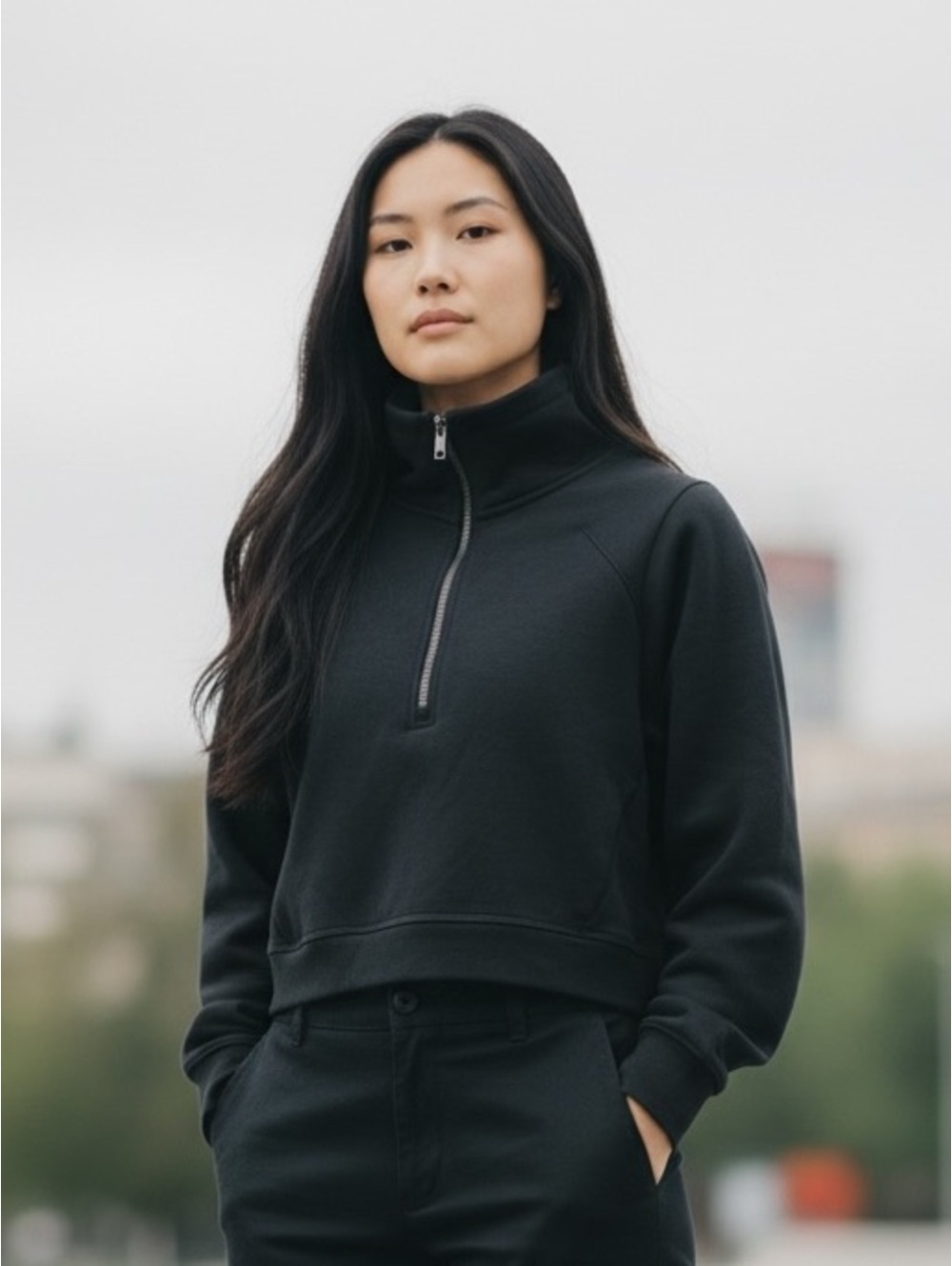 All in Motion Women’s XS Black Quarter Zip Cropped Mock Neck Pullover NWOT Flaw
